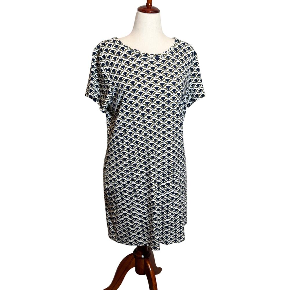 Ann Taylor Factory dress blue green white patterned knit short sleeve Sz 14